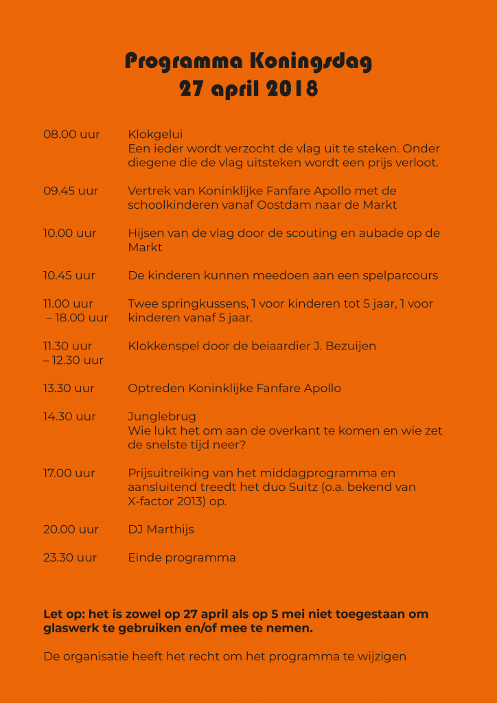 Programma Koningsdag 2018 Oranjeverening Goedereede